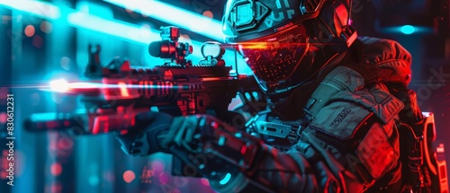 A futuristic soldier in a dark