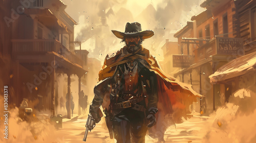 A rugged cowboy with a weathered hat and revolver, standing in a dusty desert town, ready for a showdown. , character design, concept art, video games