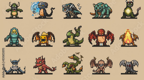 A collection of pixel art icons showing different types of monsters and creatures. , pixel art, set of icons, game assets