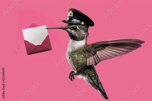 A hummingbird wearing a mail carriers uniform, delivering letters on a solid pink background, copy space included