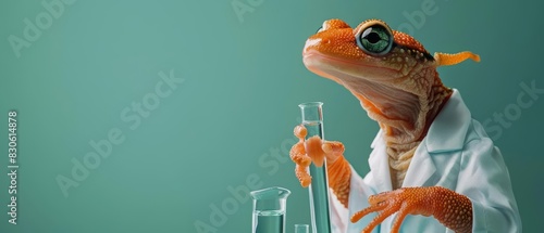 A newt wearing a scientists lab coat, examining a test tube on a solid green background, copy space included