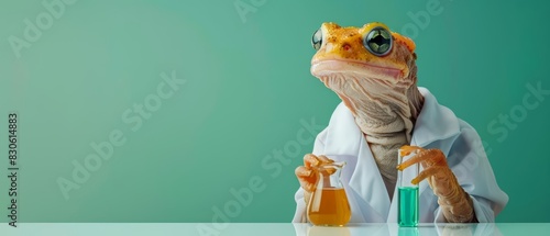 A newt wearing a scientists lab coat, examining a test tube on a solid green background, copy space included