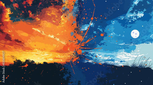 Hot and cold contrast depicted through radiant orange and frosty blue oil drops in a widescreen format,