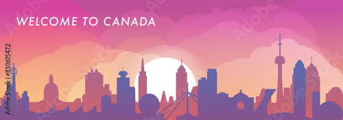 Welcome to Canada skyline with cities panorama, gradient vector banner. Colorful Toronto, Montreal, Ottawa, Winnipeg, Vancouver, Edmonton silhouette for footer, steamer, header, horizontal graphic