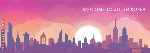 Welcome to South Korea skyline with cities panorama, gradient vector banner. Colorful Seoul, Busan, Incheon, Daegu, Daejeon silhouette for footer, steamer, header, horizontal graphic