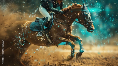 An equestrian rider clears a jump, horse and rider moving as one, dirt flying beneath hooves, close up shot, focus on main subject, with HUD hologram, hitech style, with copy space