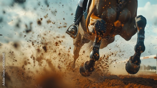 An equestrian rider clears a jump, horse and rider moving as one, dirt flying beneath hooves, close up shot, focus on main subject, with HUD hologram, hitech style, with copy space