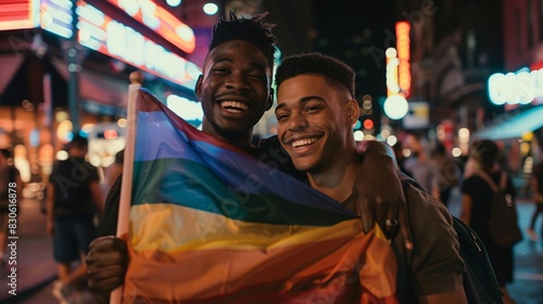 A dark night scene of a city street, where two real gay men of different races, one black and one white, are holding a rainbow flag and smiling. They are looking at the camera with confidence and