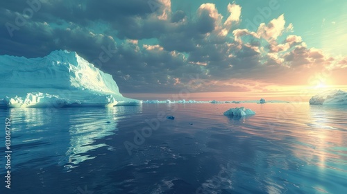 Melting Glaciers and Icebergs: Illustrate melting glaciers, ice caps, or icebergs in polar regions, with chunks of ice breaking off and melting into the ocean, contributing to sea level rise.