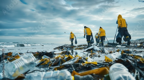 Professional Cleanup Crew: Photograph a team of professional cleaners equipped with bags and tools, systematically clearing plastic debris from a heavily littered beach.