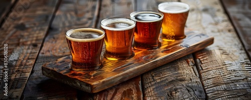 Freshly Brewed Craft Beer Flight on Wooden Paddle with Amber Hues and Brewery Vibes