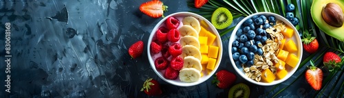Vibrant and Nourishing Tropical Fruit Smoothie Bowls with Healthy Toppings Exotic Breakfast Presentation with Copy Space