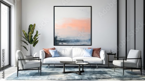 Frame mockup, a dynamic blend of modern art and coastal serenity elevates the room s design, creating harmony