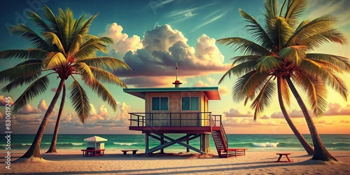 Vintage Miami beach poster with palm trees, lifeguard station, and ocean in retro aesthetic