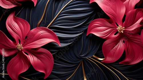Floral pattern with red flowers and dark leaves, creating a sophisticated and luxurious design for backgrounds or wallpapers.