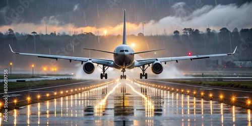 Commercial airplane landing in heavy rain with runway lights reflecting on wet tarmac