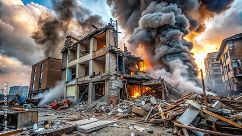 Destroyed building in emergency disaster with debris and smoke