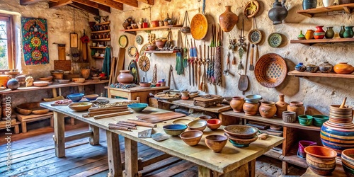 Traditional Mexican craftsman workshop with tools and materials for creating ceramics, textiles, and silver jewelry