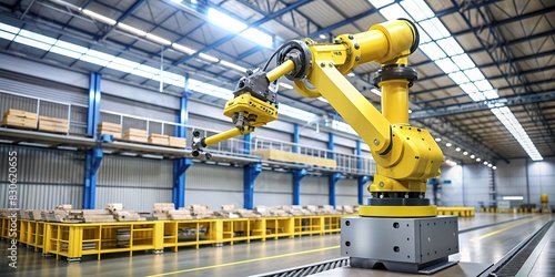 Robotic arm in yellow above industrial workstation in warehouse setting