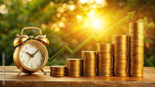 Stock photo depicting a concept of maximizing profit during the golden hour, featuring a graph with profit increasing, an alarm clock, and gold coins