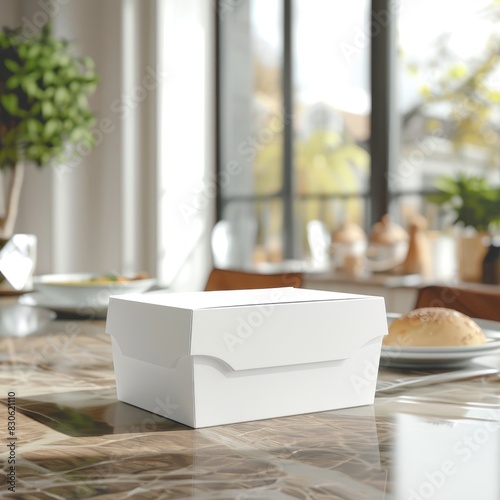 Mockup of a white paper food box placed on the dining table.
