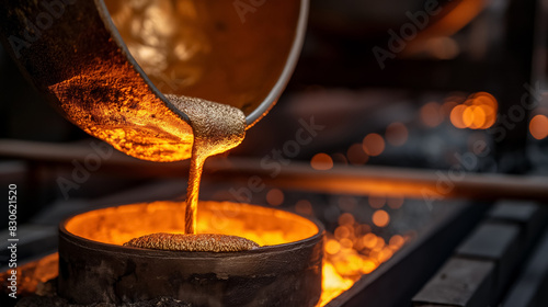 Molten metal being poured from a crucible into a mold in an industrial setting, glowing brightly and highlighting the intense heat and manufacturing process.