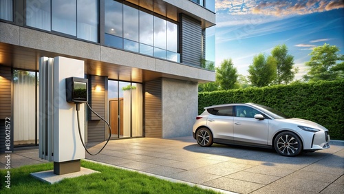Generic electric hybrid car charging from wallbox at modern residential building