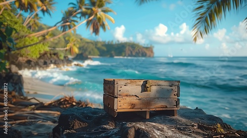 An old wooden treasure chest sits on a rocky beach, surrounded by palm trees and near the edge of the ocean.