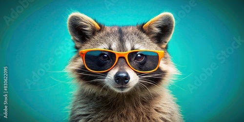 Vibrant raccoon with sunglasses against teal background for a playful and colorful stock photo
