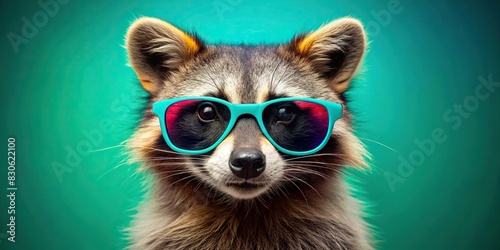Vibrant raccoon with sunglasses against teal background for a playful and colorful stock photo