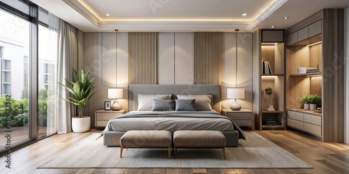 Minimalist bedroom with modern interior design featuring neutral colors and sleek furniture