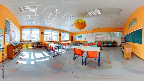 360 panorama, equirectangular projection, seamless panorama of British school classroom interior, seamless panorama, equirectangular