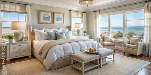 Coastal bedroom with soft natural color palette