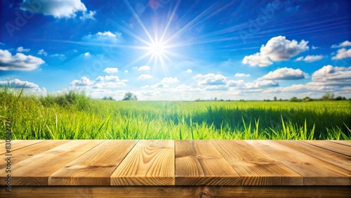 Wooden table top product display with sunny blue sky and green grass meadow background