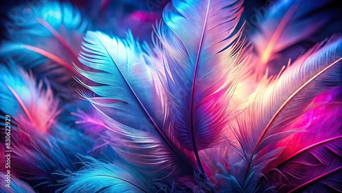 Vibrant portrait of glowing feathers with blue and pink lighting
