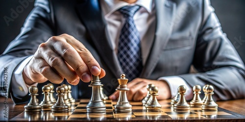 Businessman strategically moving a chess piece on a chess board