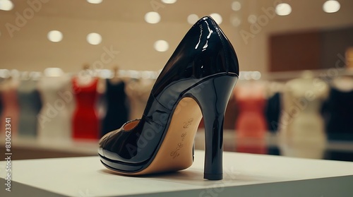 stiletto heel is sitting on a white table in a store.