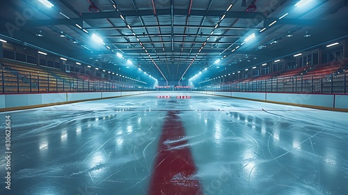 An empty ice rink with blue lighting and red lines.