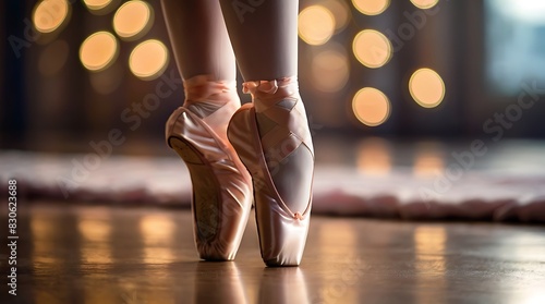  ballet dancers standing on their toes in pink ballet slippers.