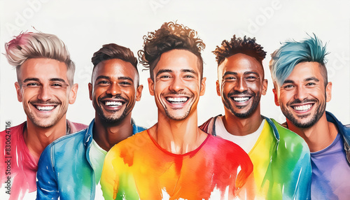 Five happy LGTBI people group with different genders, races and hairstyles in colorful watercolor and graphic illustration style. Vibrant vivid multicolor rainbow art for celebrate pride festival.