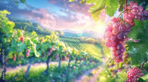 Serene Vineyard Scene with Purple Grapes and Lush Greenery