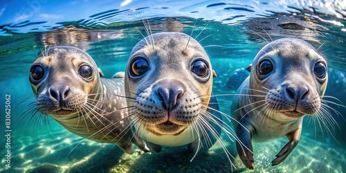 Delighted fluffy seals with joyful oversized eyes catching underwater fish in sunlit, vibrant blue water