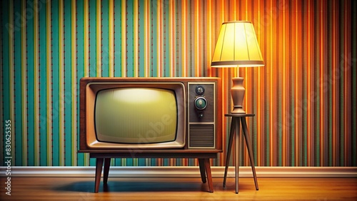 of vintage analog television with lamp on 70s-style color background
