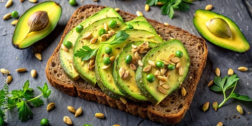 Healthy avocado sandwich with pumpkin seeds on rye bread, top view. Vegetarian and vegan breakfast option