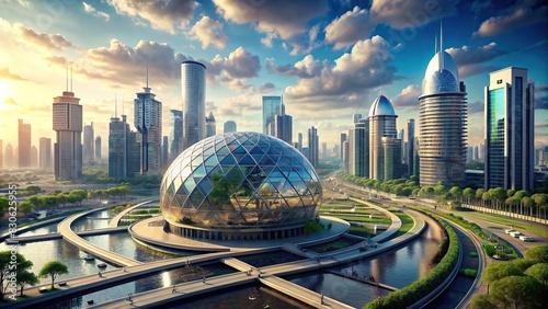 Futuristic cityscape with a massive spherical structure at its center