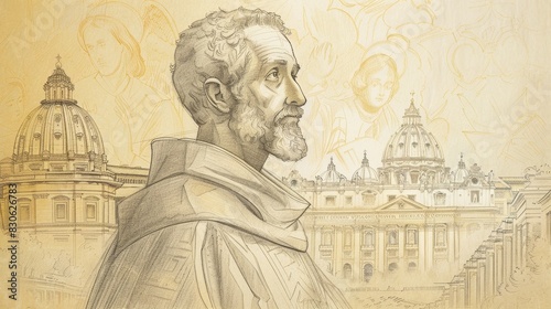 St. Robert Bellarmine in Scholarly Setting with Vatican Background, Biblical Illustration, Beige Background, Copyspace