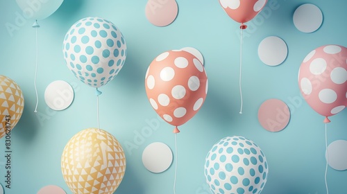 Assorted helium balloons with different polka dots and geometric patterns gently floating against a light blue background.