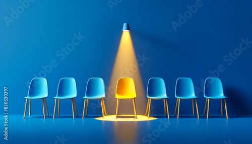 Yellow Chair Spotlighted Among Blue Chairs