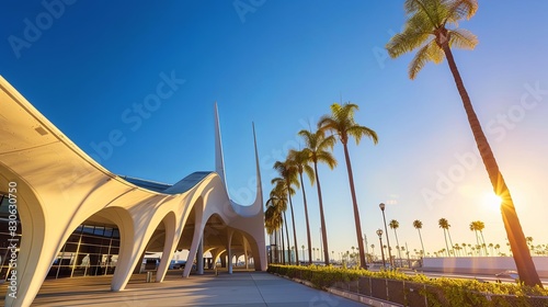 Los Angeles California, USA - May 21, 2017: Exterior view of the iconic Los Angeles International Airport Theme Building, with the sun in the background - Los Angeles California, USA