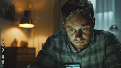 A stressed white man nervously looks at his cellphone or mobile in horror, a victim of revenge porn, cyberstalking, fraud or blackmail, landscape format 16:9